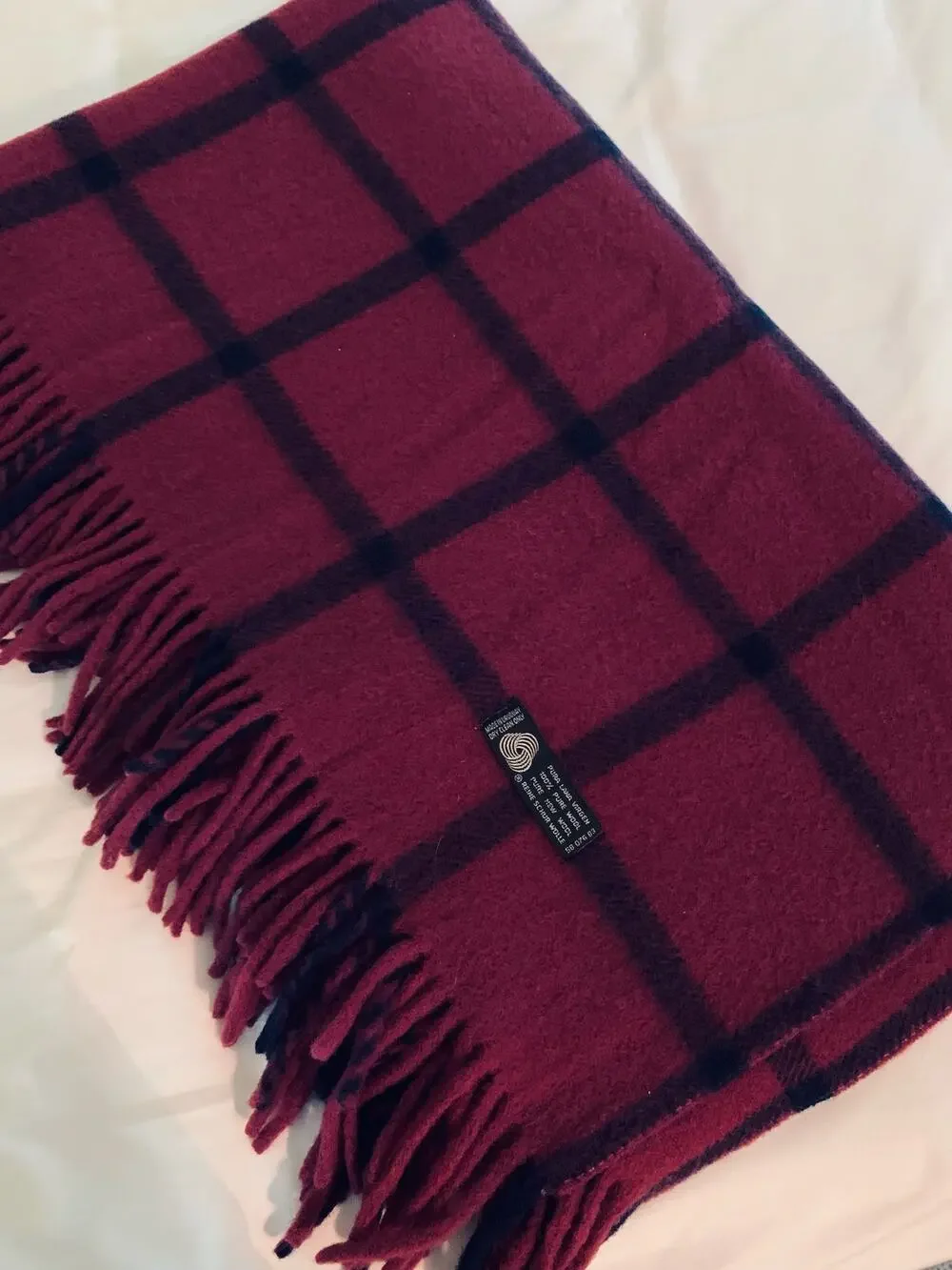 Vintage Uruguay 100% Wool Blanket Throw Fuchsia Navy Windowpane Plaid Cottage